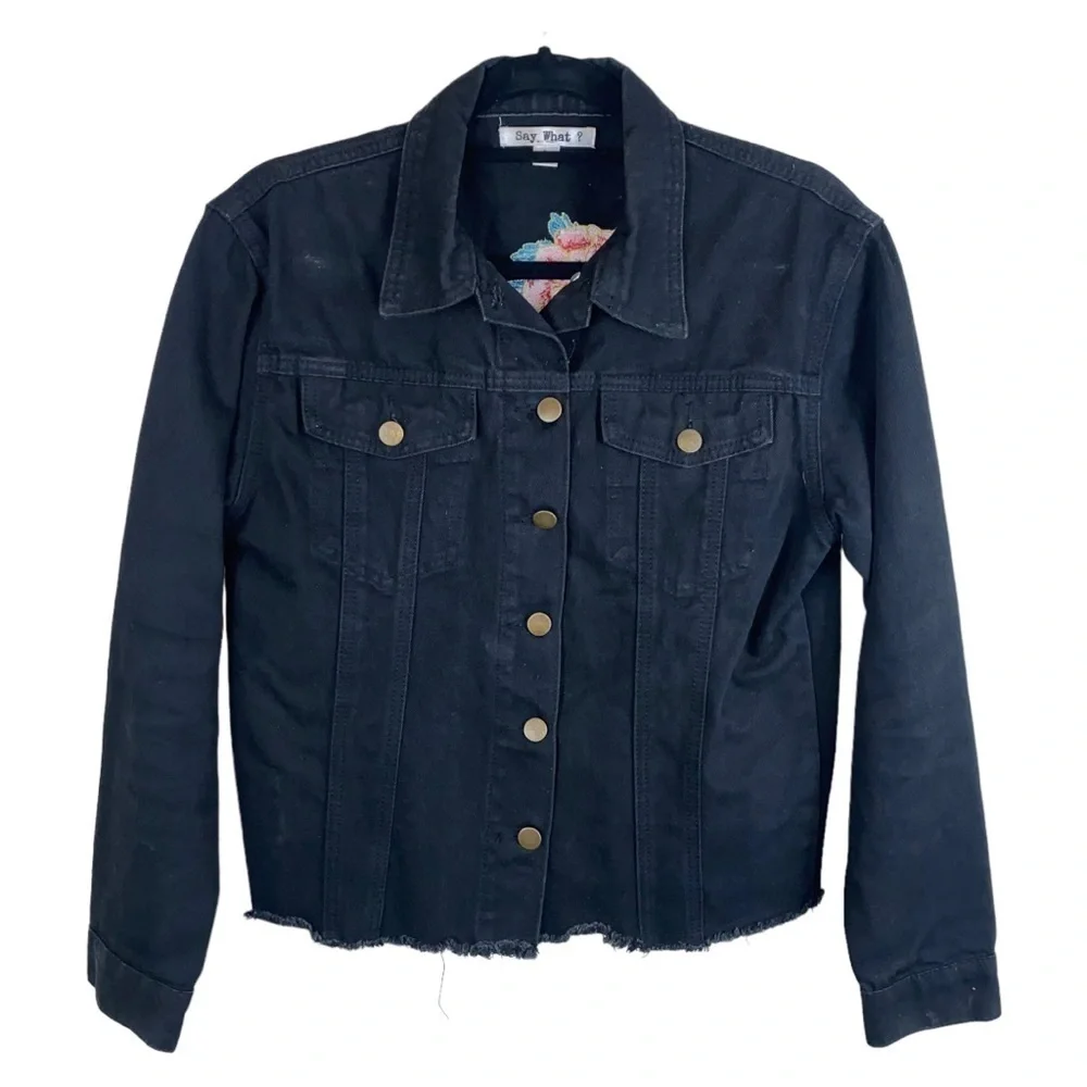 Women’s Embroidered Boho‎ Floral Black Long Sleeve Denim Jacket Size Small